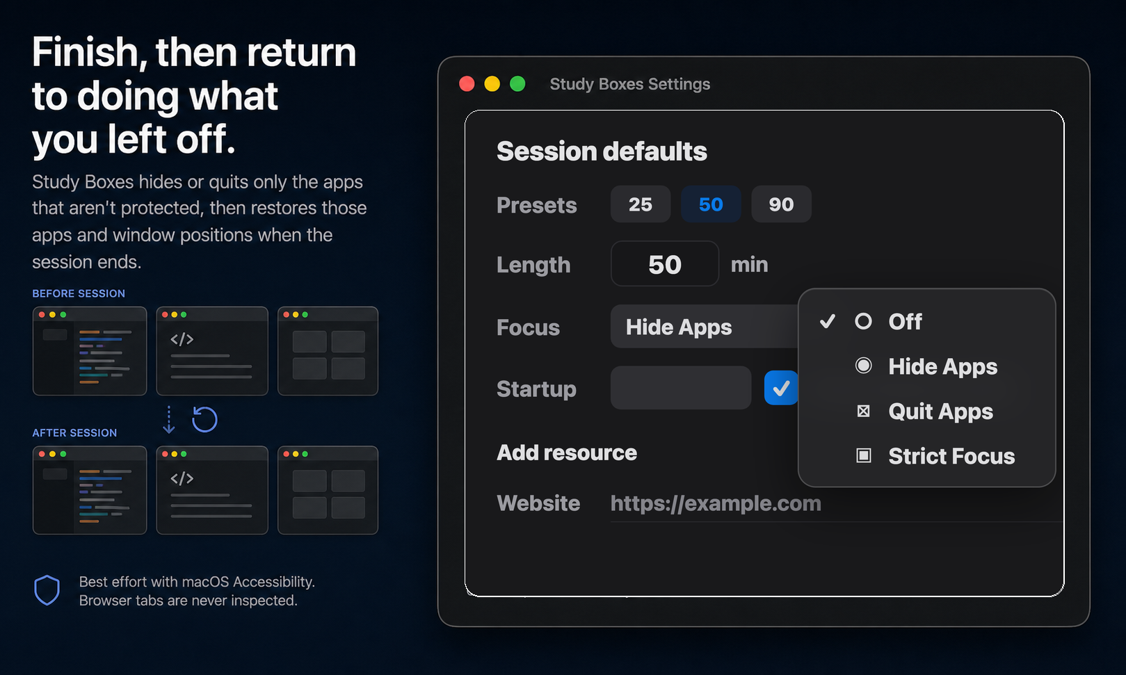 Study Boxes restore workflow with a real session defaults screenshot and before-and-after app windows