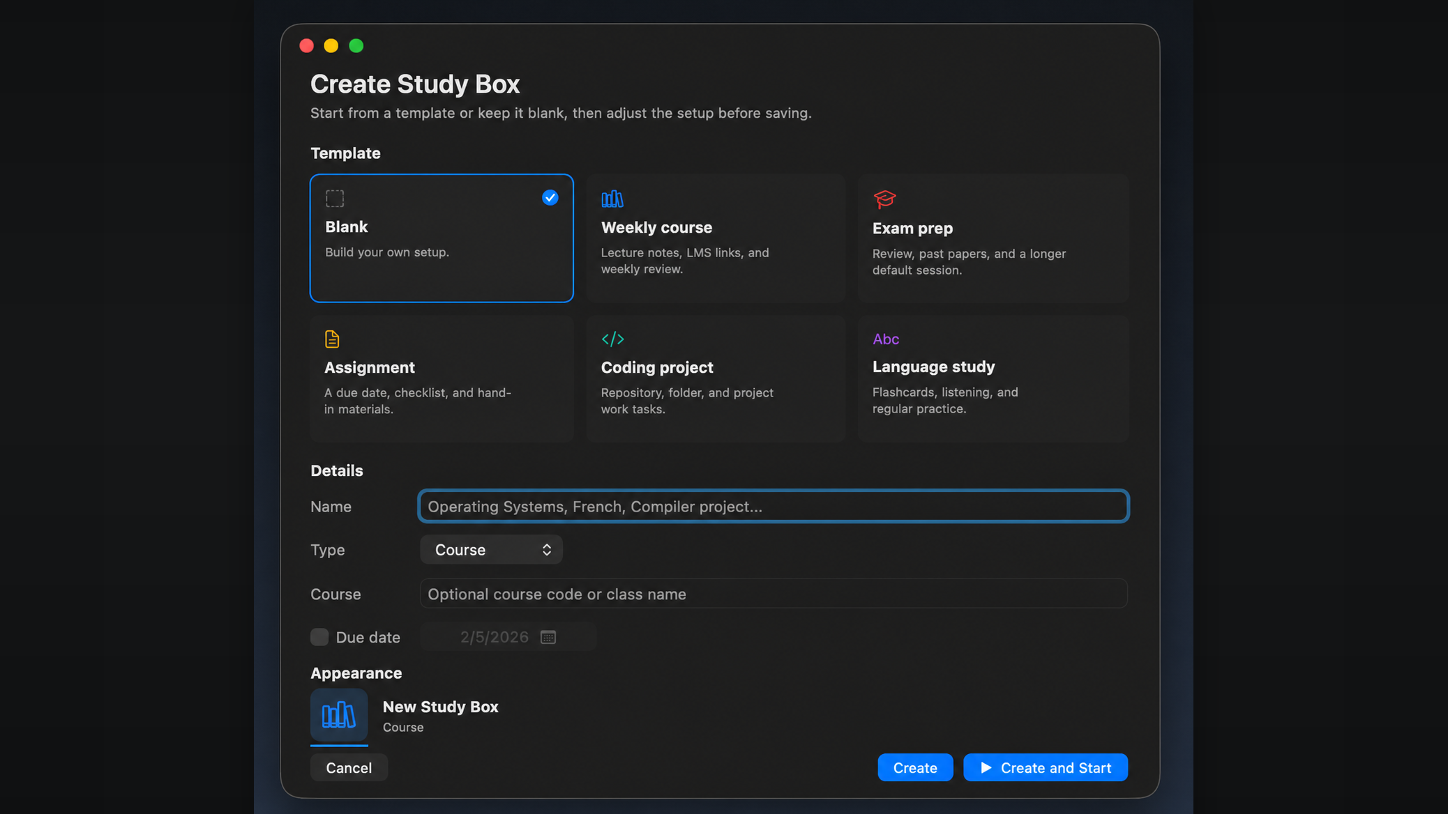 Create Study Box window with templates, details, and appearance controls