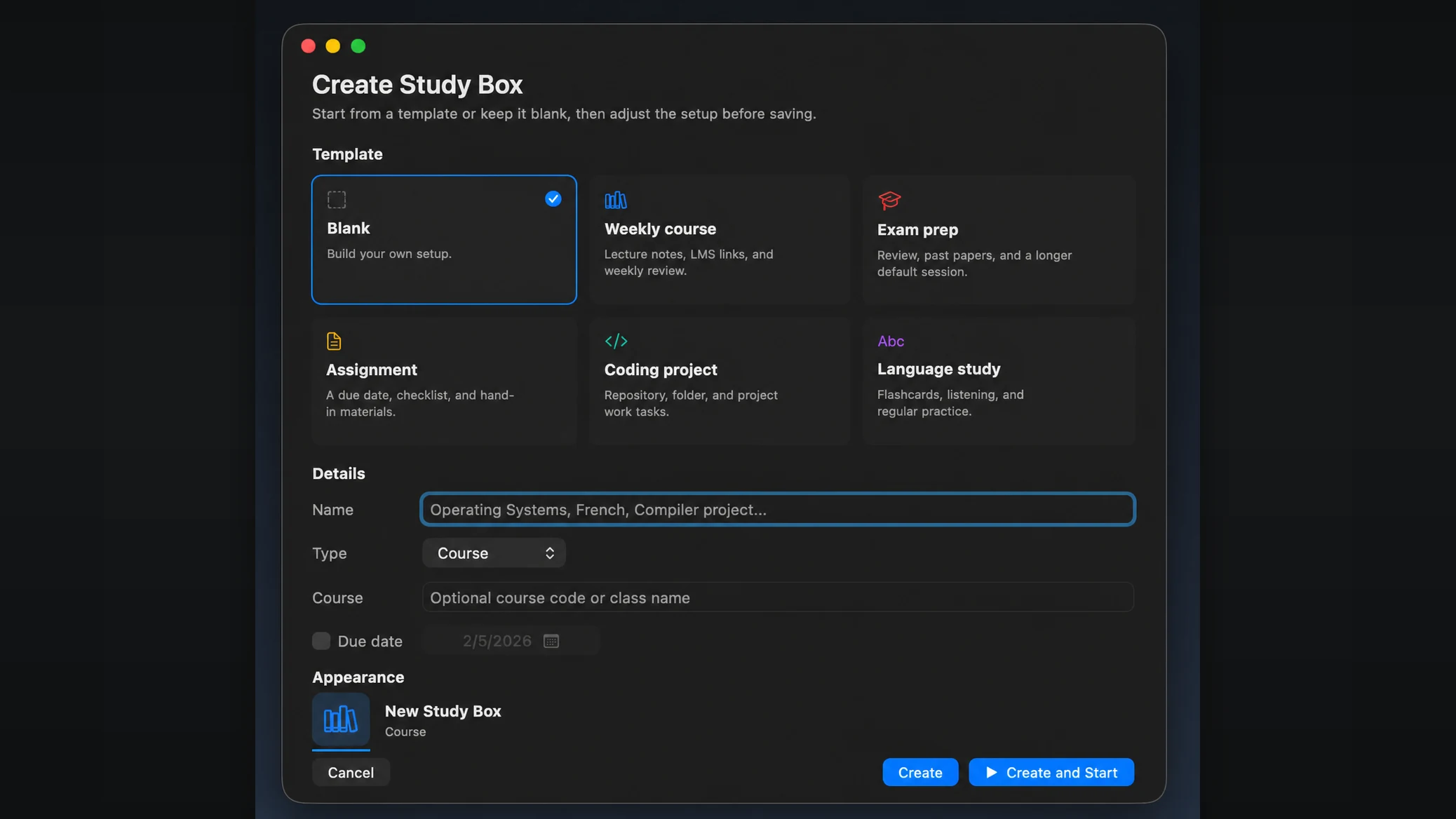 Creating a Study Box from a course or exam template