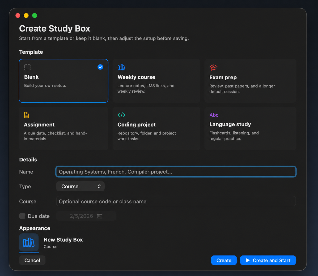 Create Study Box window with templates, details, and appearance controls