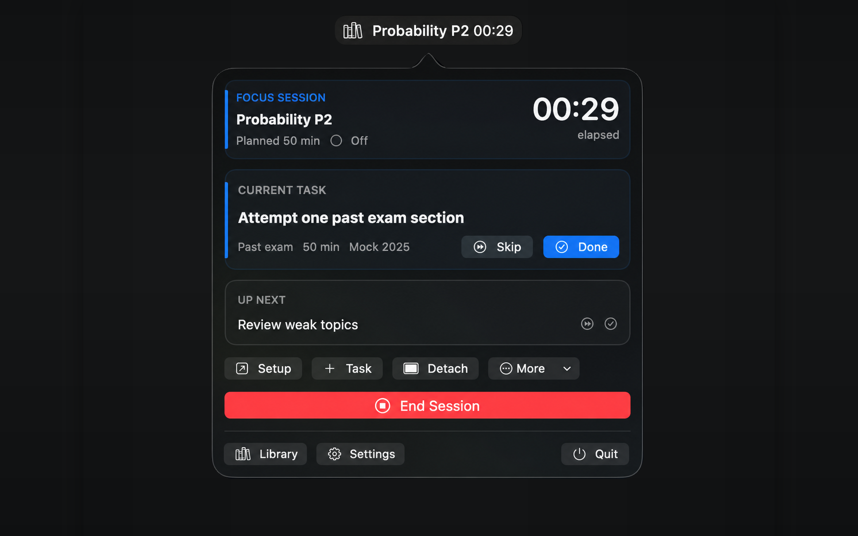 Menu bar HUD with active session timer and current task controls