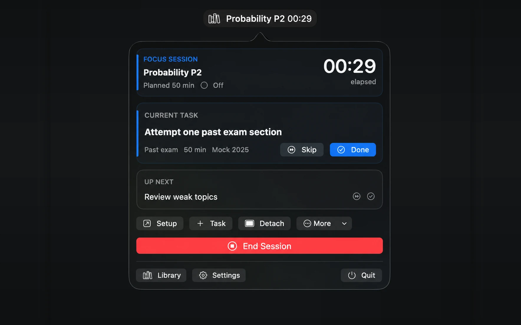 Active study session in the menu bar with a timer and current task