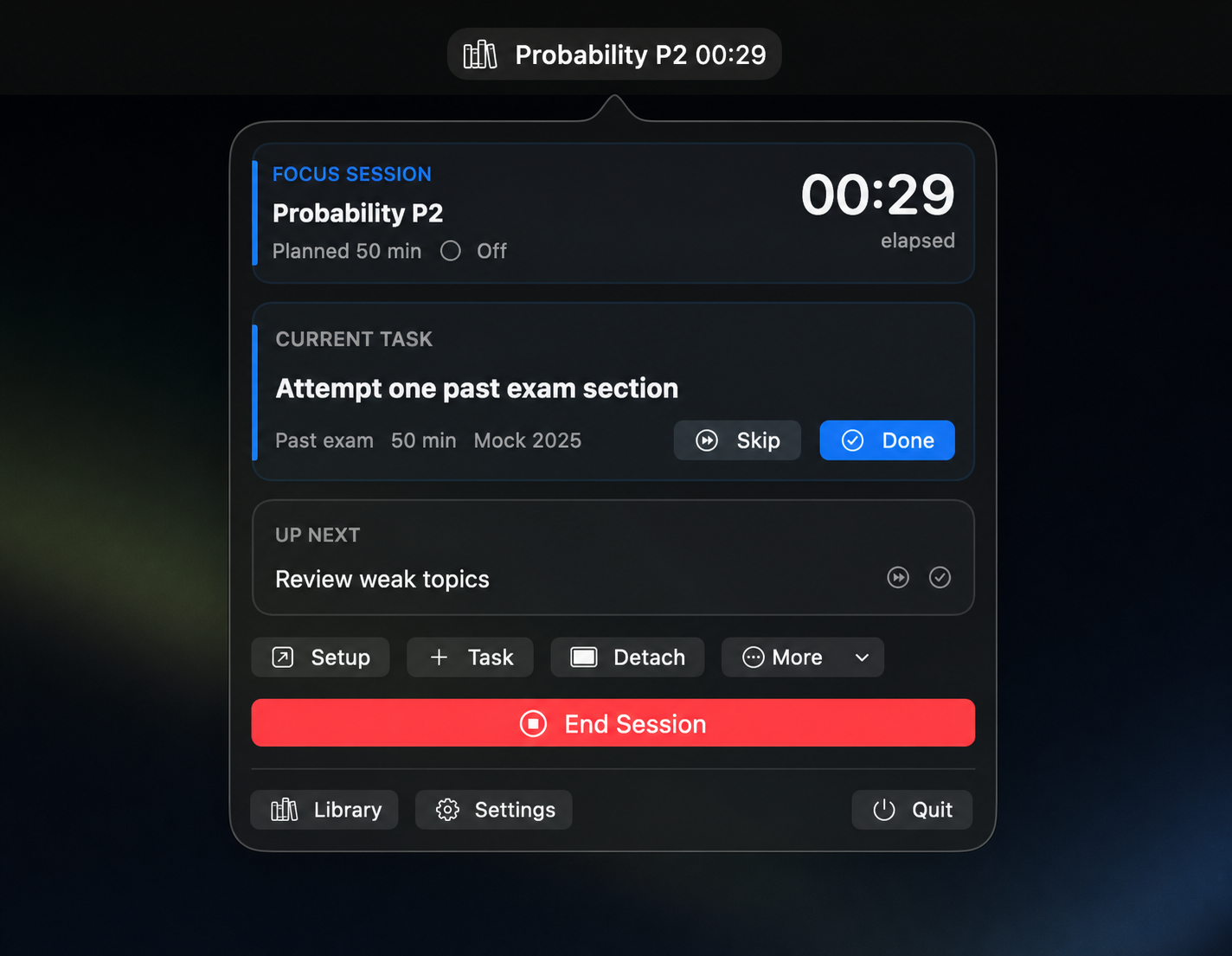 Menu bar HUD with active session timer and current task controls