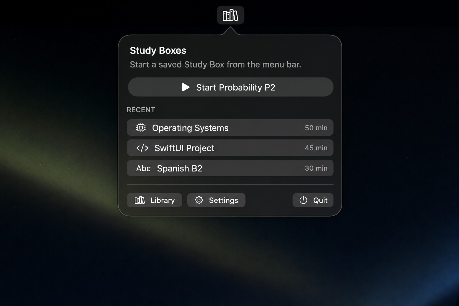 Study Boxes menu bar launcher showing a start action and recent Study Boxes