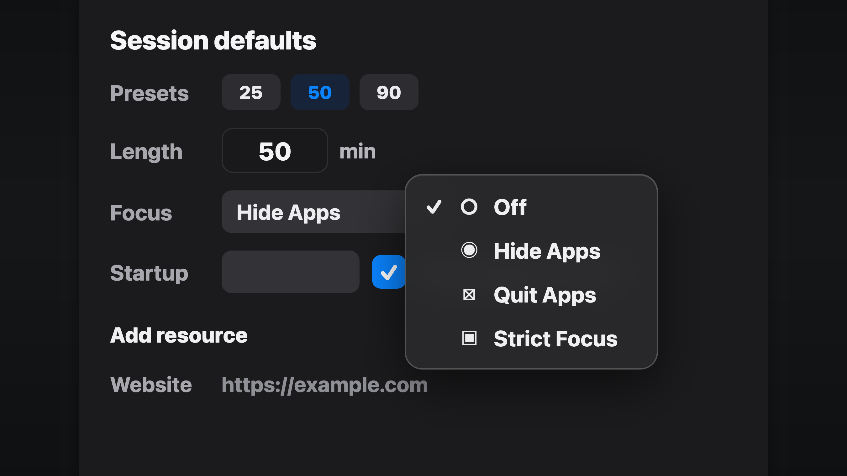 Session defaults with focus mode options for hiding, quitting, or strictly blocking distracting apps
