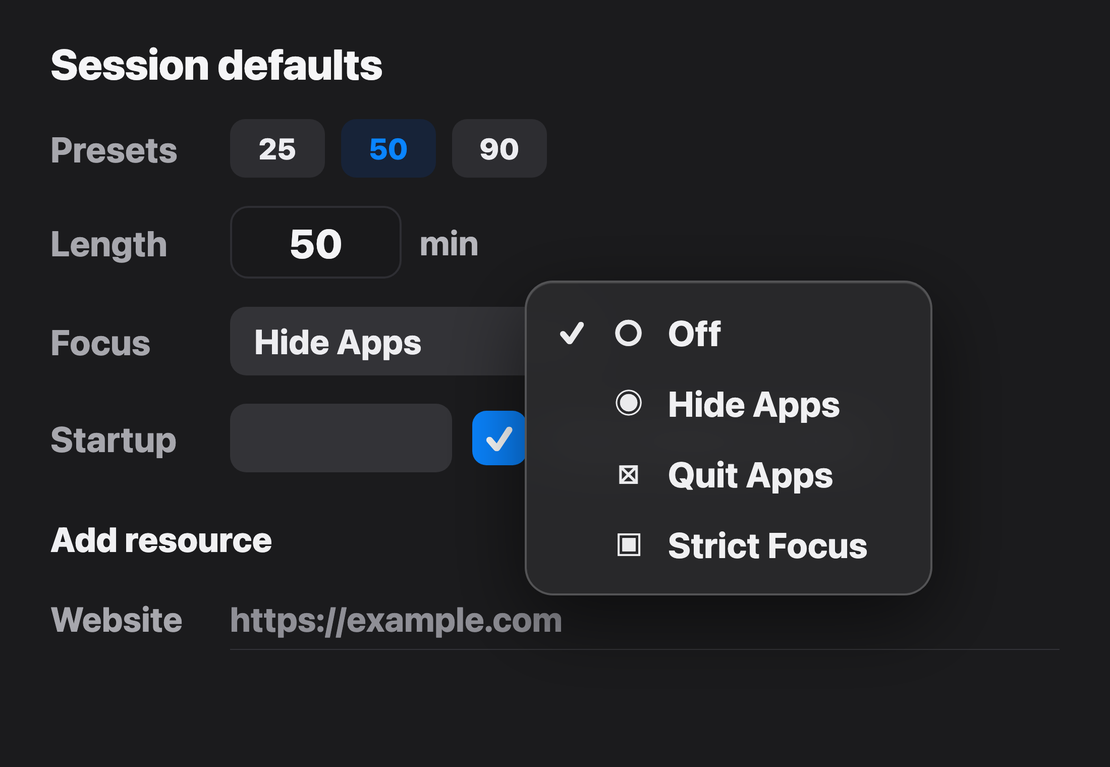 Session defaults with focus mode options for hiding, quitting, or strictly blocking distracting apps